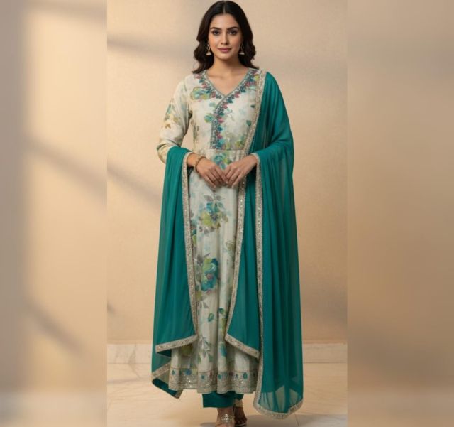 Teal Blossom Anarkali Set