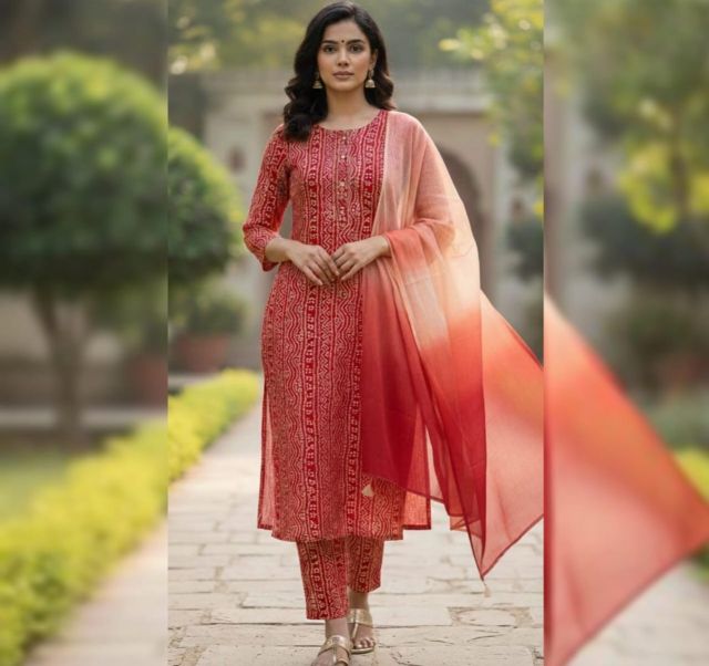 Crimson Bandhani Dupatta  Set