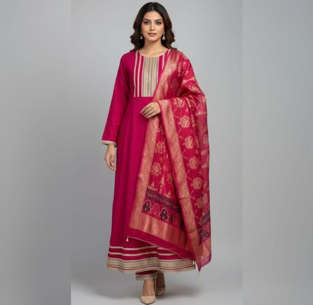 Floral Embroidered Chanderi Kurta Set,